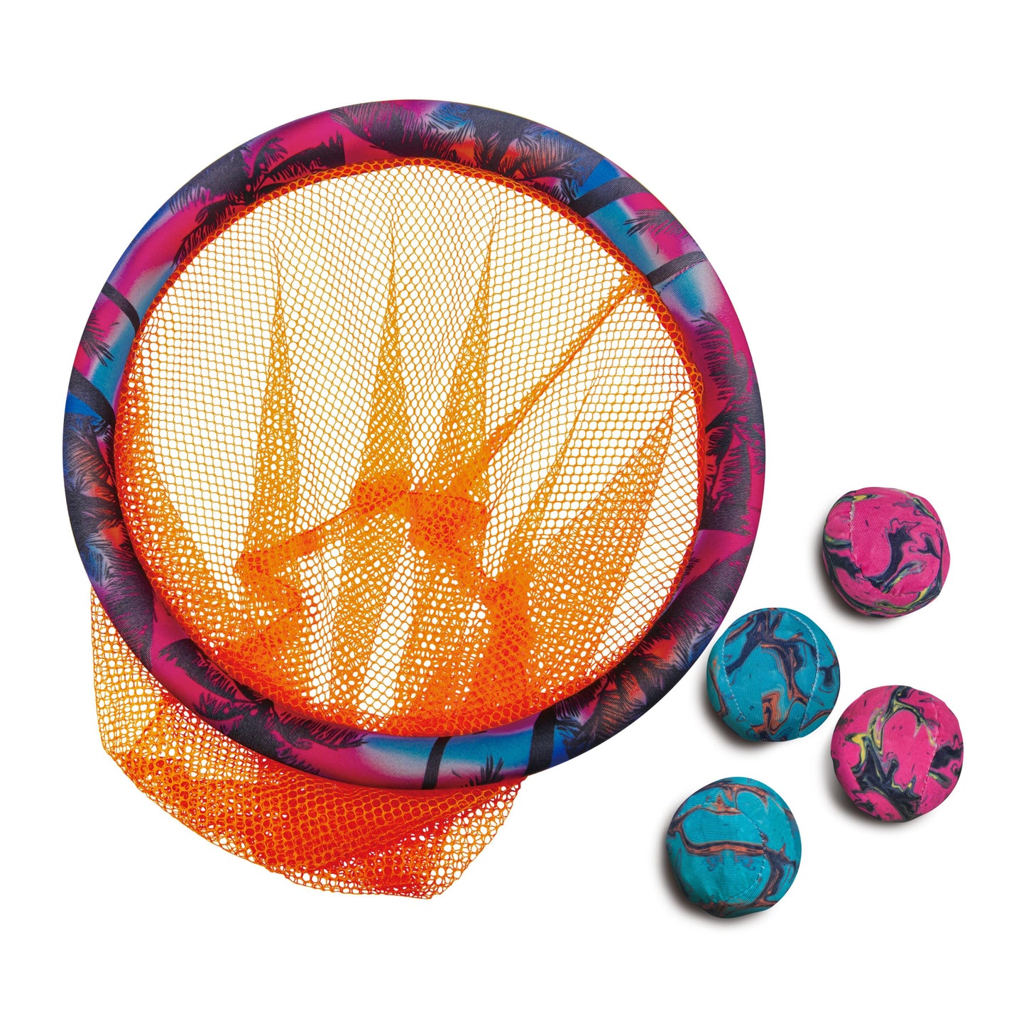 Colorful fishing net and colorful stones on a white background