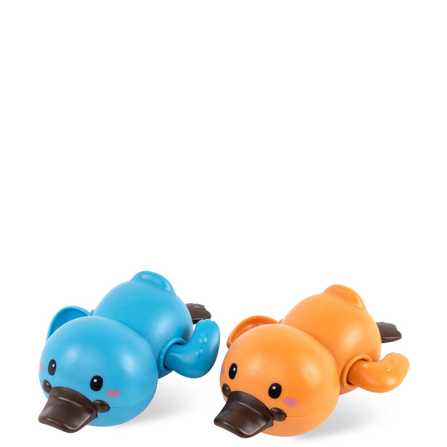 Two toy platypuses, one blue and one orange, on a white background