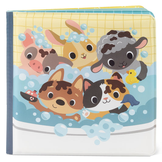 Children's book cover with cartoon animals in a bathtub