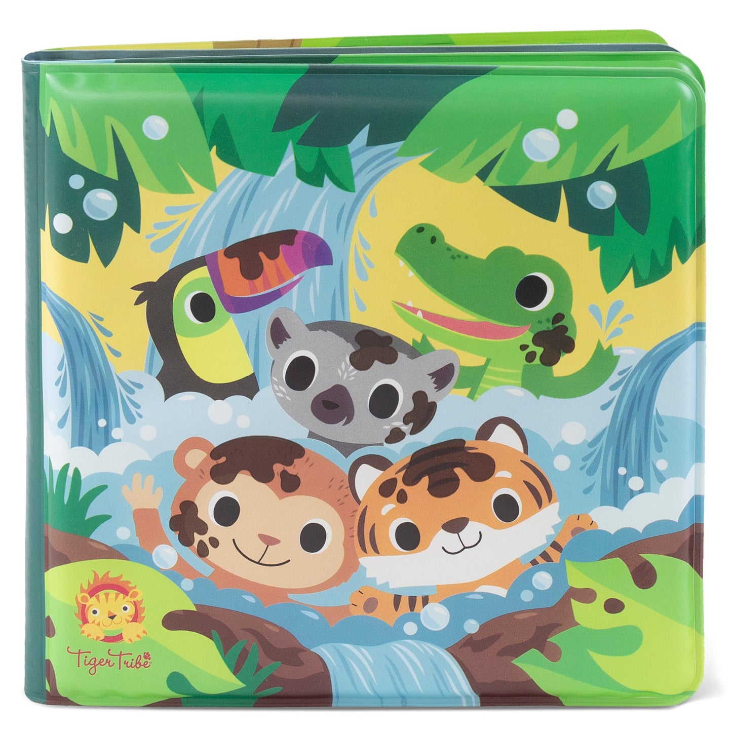 Children's book cover with cartoon animals in a jungle setting