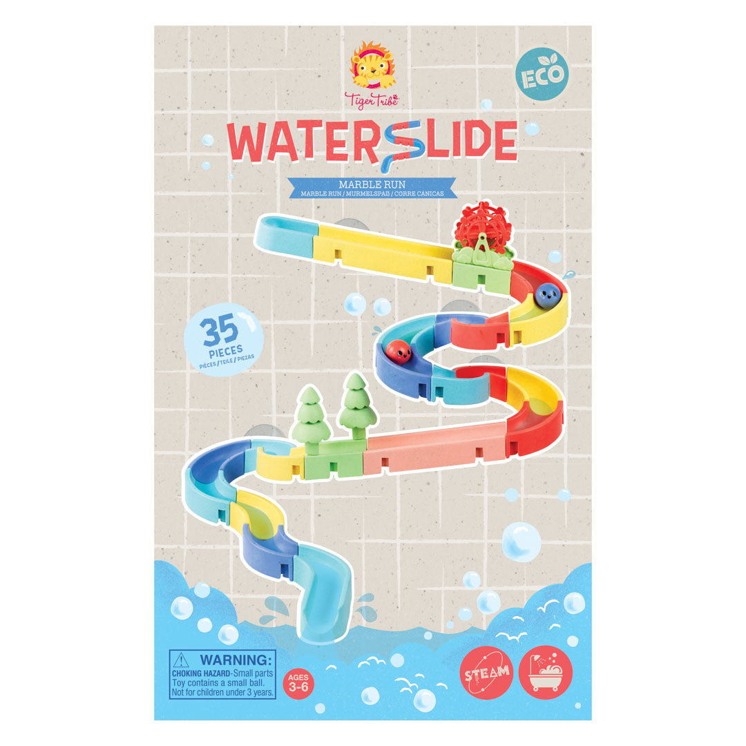 Packaging of a colorful waterslide toy set with marbles on a beige background