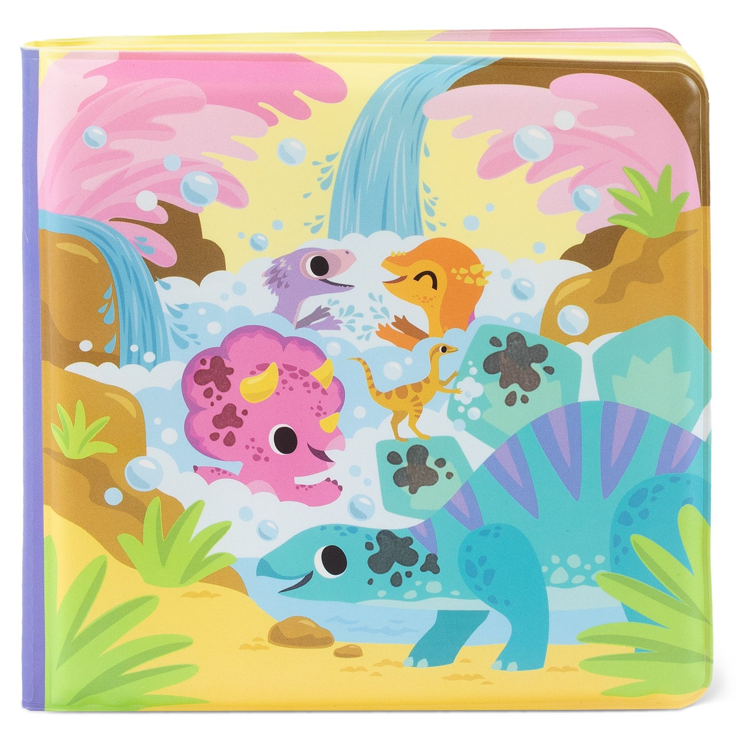 Children's book cover with colorful dinosaurs and a waterfall illustration