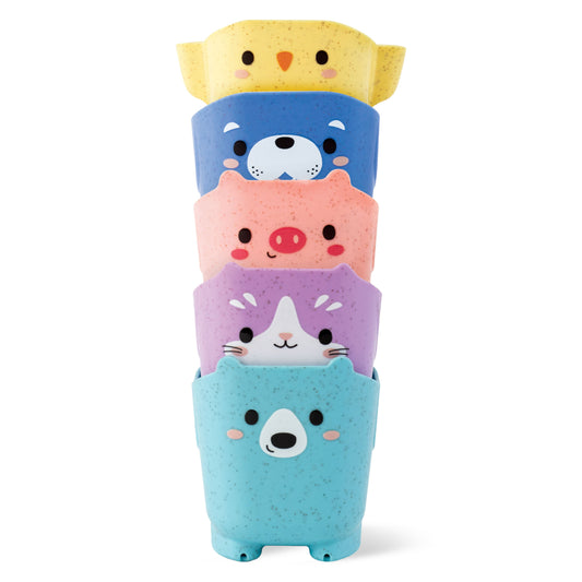 Stack of colorful animal-shaped containers on a white background