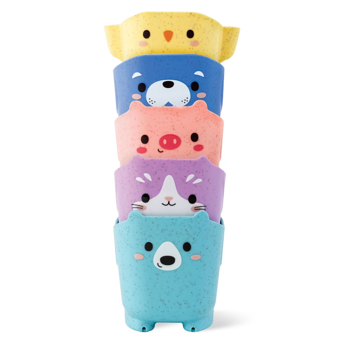 Stack of colorful animal-shaped containers on a white background