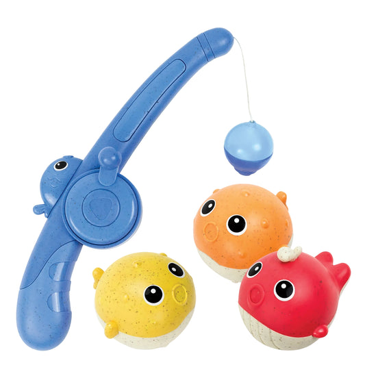 Colorful toy fishing set with three fish toys on a white background