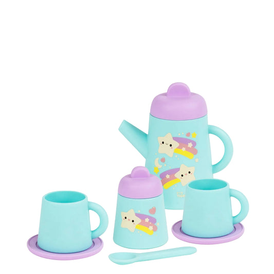 Children's tea set with pastel colors on a white background