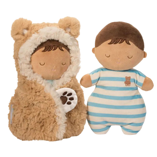 Two plush toys: one in a bear costume and the other in striped pajamas, on a white background.