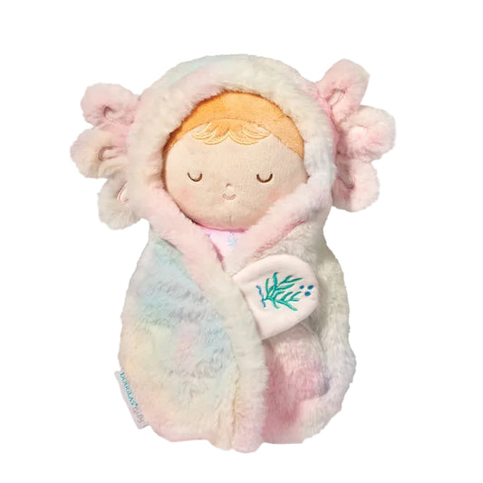 Plush toy axolotyl with a heart and floral design on a white background