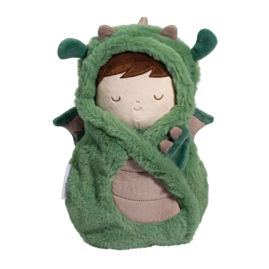Stuffed toy with dragon costume on a white background