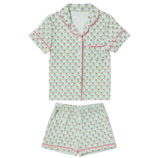 Aqua pajama short sleeve and short set with pink tulip pattern
