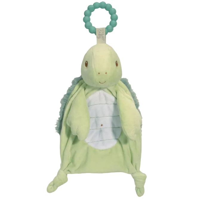 Green plush toy with a teething ring on a white background