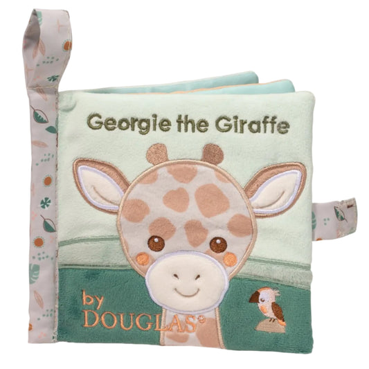 Children's soft book with a giraffe illustration and 'Georgie the Giraffe' text, branded by Douglas on a white background.