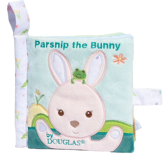 Children's soft book with a bunny design on a white background