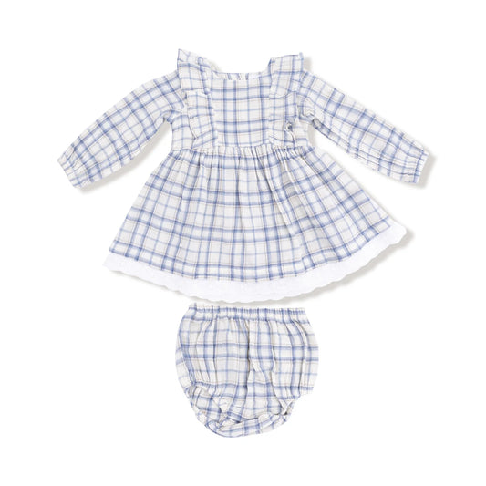 Blue Plaid Eyelet Hem Dress