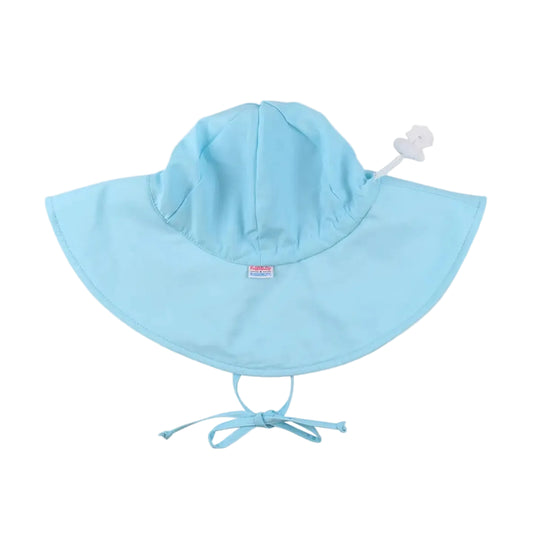 Light blue baby sun hat with a small tag on a white background