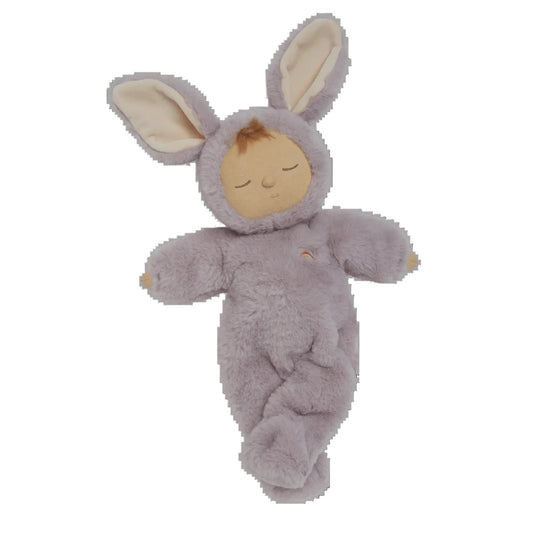 Plush toy resembling a baby in a gray bunny costume on a white background