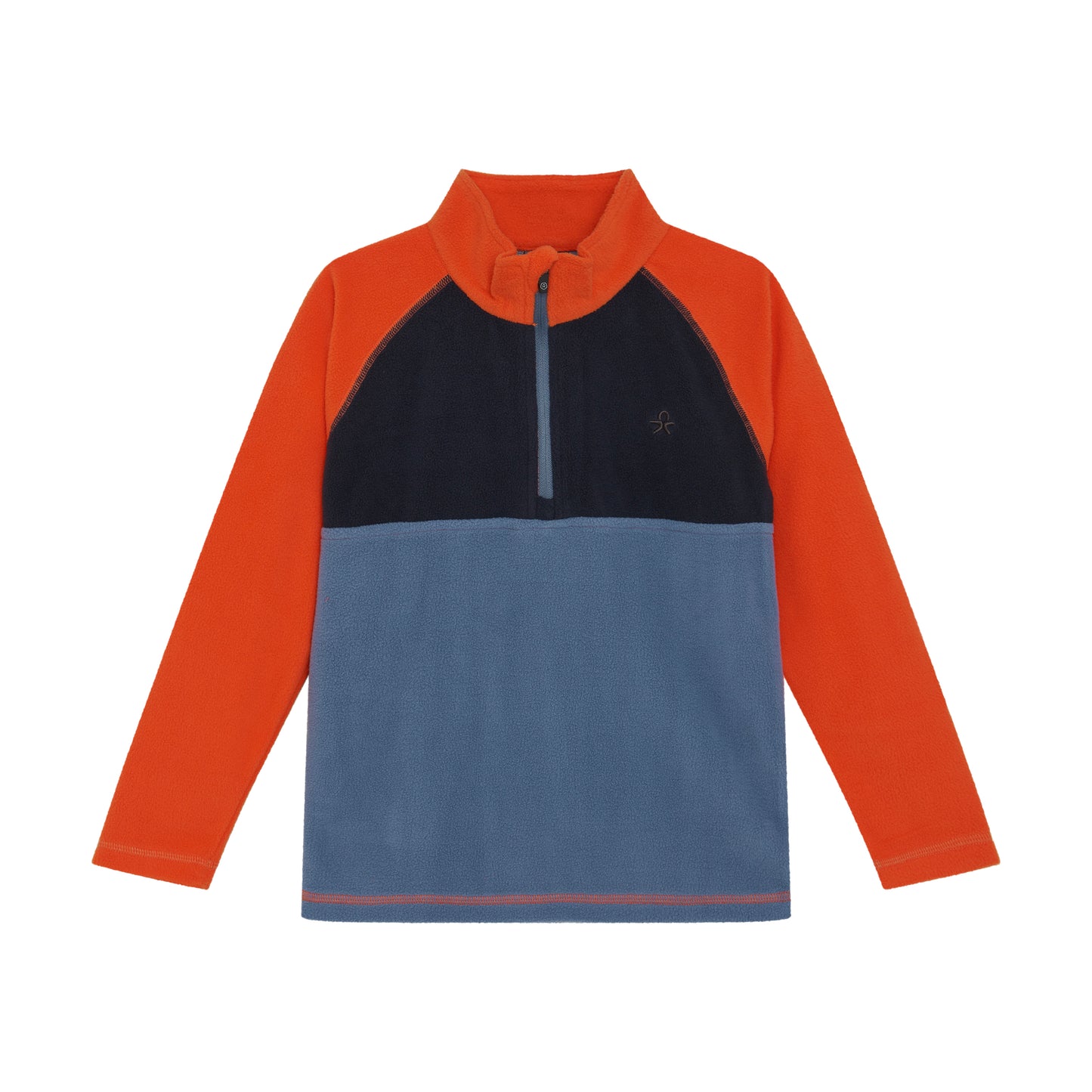 Long-sleeve shirt with orange sleeves and blue body on a white background