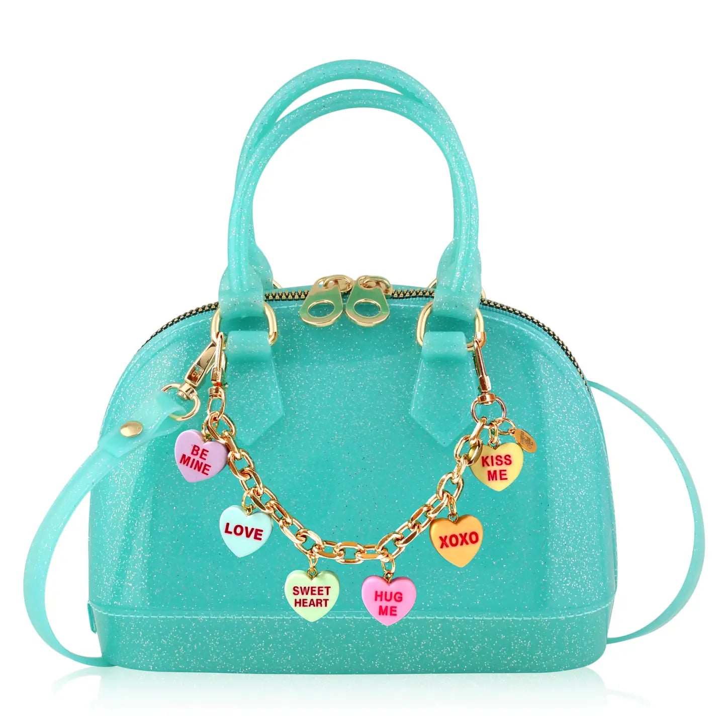 Turquoise handbag with gold chain and heart-shaped charms on a white background