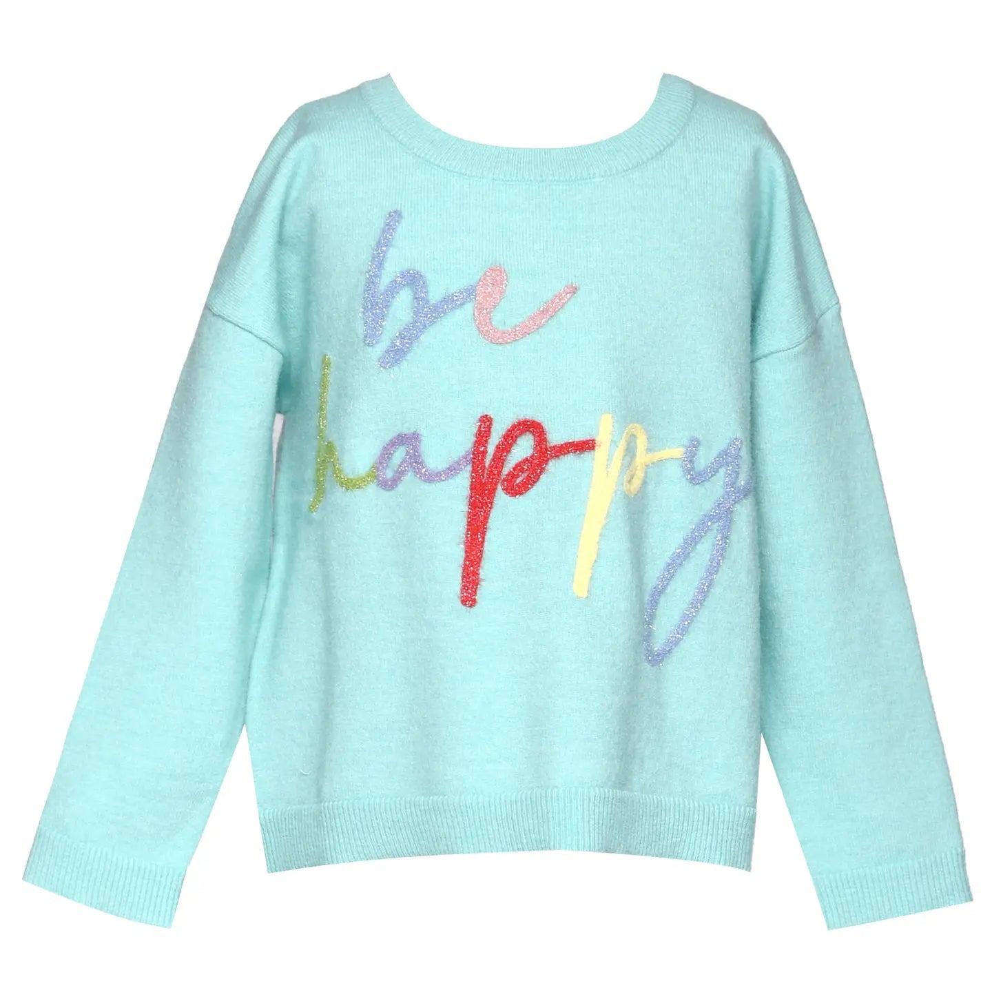 Light blue sweater with 'be happy' text in colorful letters on a white background