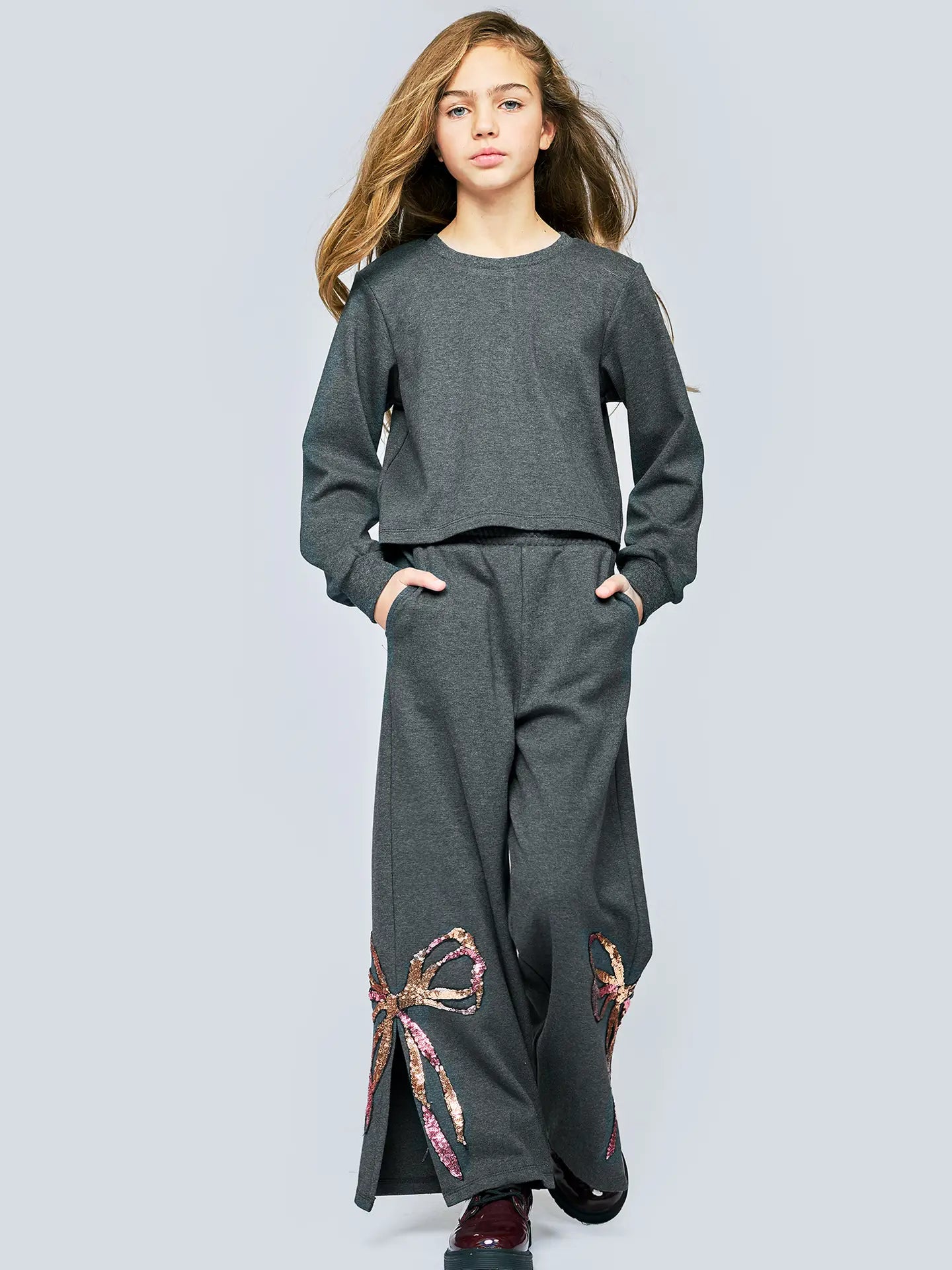 Sequin Bow Leg Slit Pants