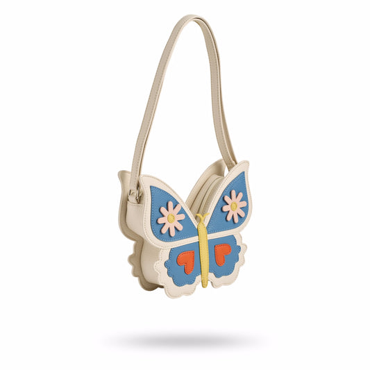 Butterfly-shaped handbag with a white strap on a white background