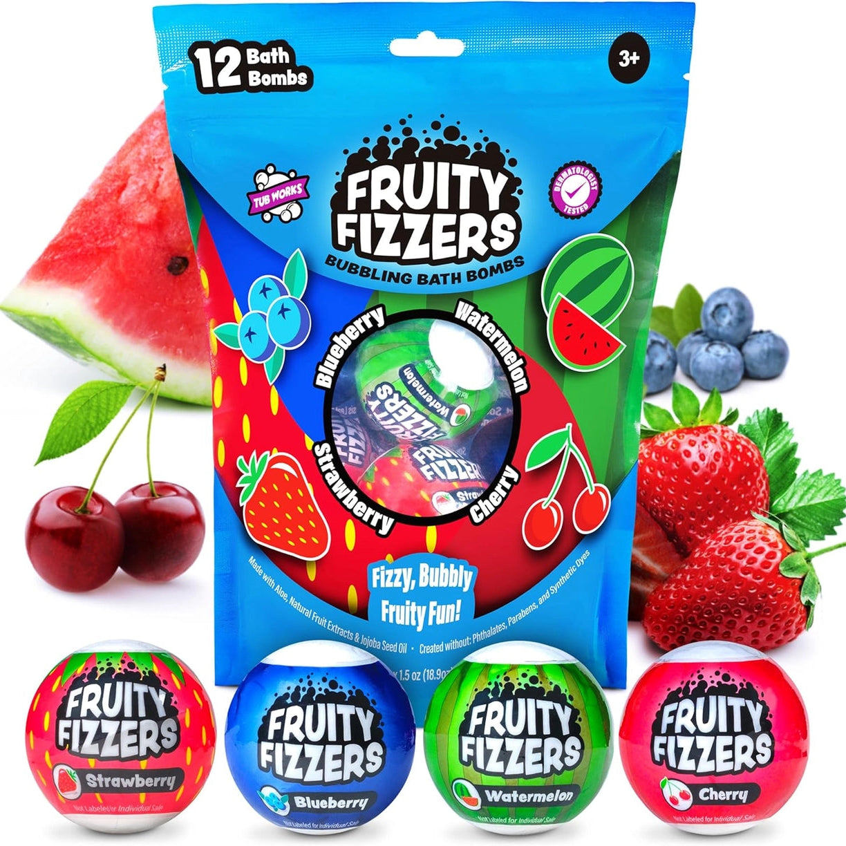 Fruity Fizzers bath bomb package with colorful bombs and fruit illustrations on a white background