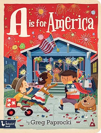 Book cover of 'A is for America' with children playing in a street scene.