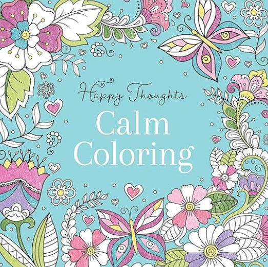 Coloring book cover with floral and butterfly designs and 'Happy Thoughts Calm Coloring' text.