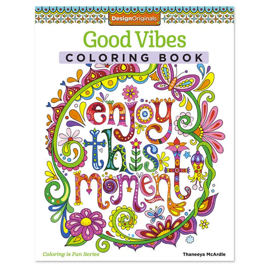 Colorful 'Good Vibes' coloring book cover with decorative text and design.
