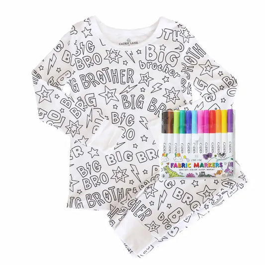 Coloring book with 'Big Brother' text and fabric markers on a white background