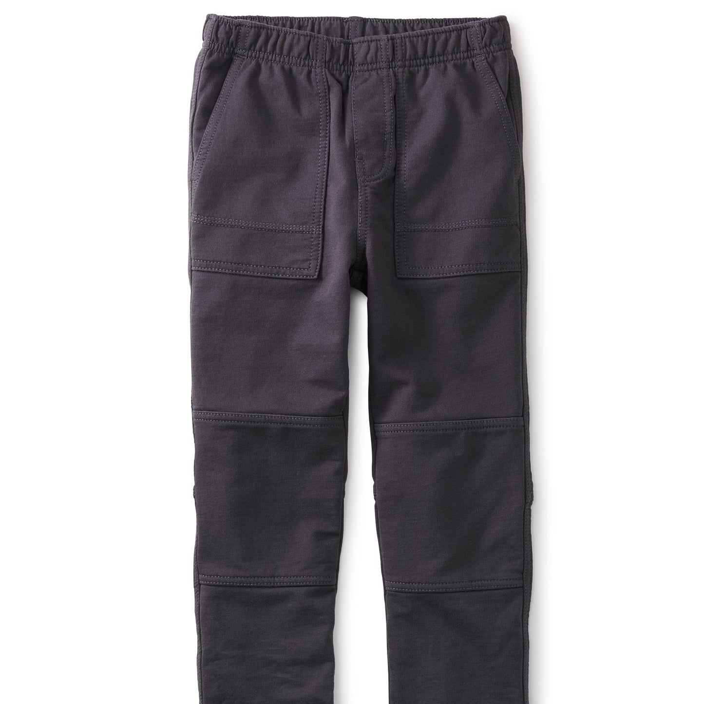 A pair of gray Iron Playwear Pants for boys, featuring an elastic waistband, lined knees, and slash pockets.