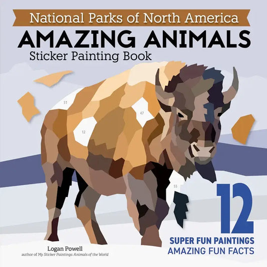 Book cover of 'Amazing Animals Sticker Painting Book' featuring a bison illustration.