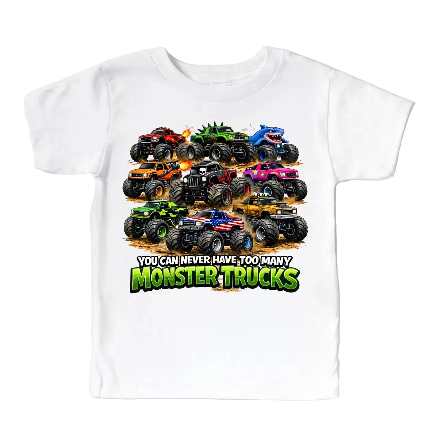 White t-shirt with colorful monster truck design and text on a white background