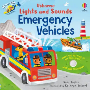 Book cover of 'Lights and Sounds Emergency Vehicles' with a fire truck, helicopter, and lifeboat on a colorful background.