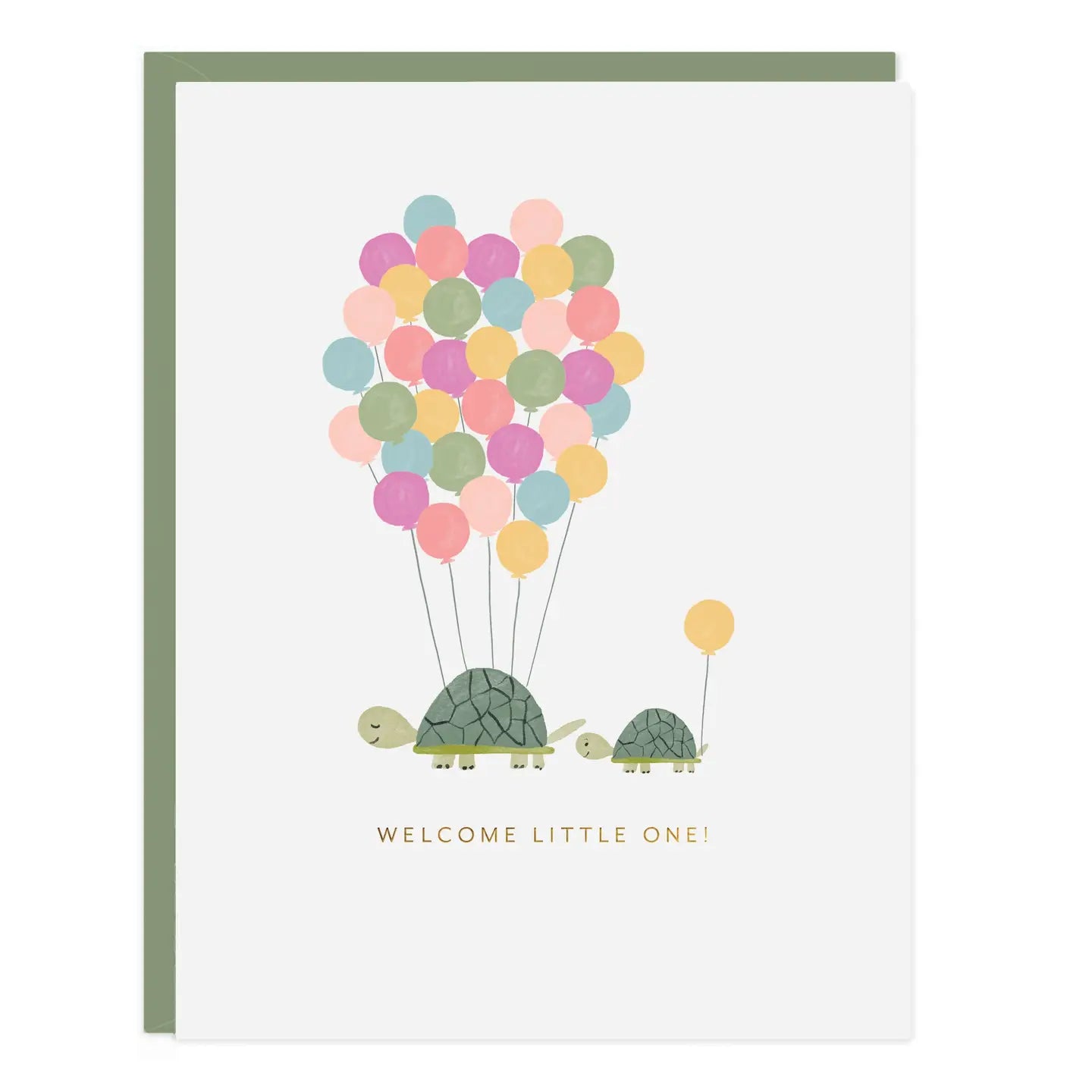 New baby card with two illustrated turtles holding balloons