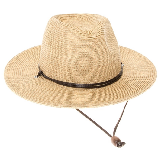 Beige straw hat with a black band on a white background