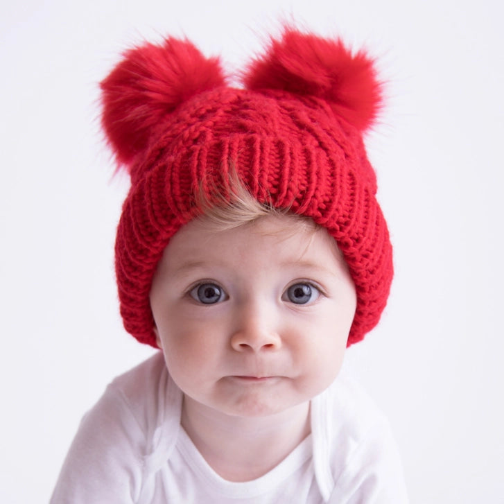 Red Fluffer Double Pom Hat