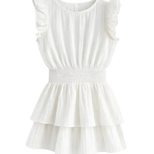 White sleeveless top with ruffled details on a white background