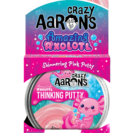 Crazy Aaron's Amazing Axolotl putty packaging with pink axolotl illustration