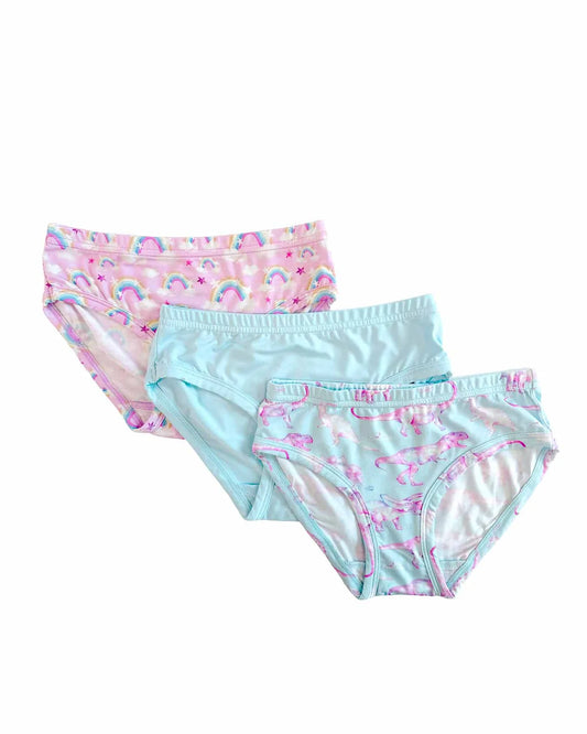 Three pairs of children's underwear with colorful patterns on a white background