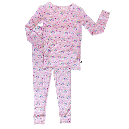 Pink pajama set with rainbow pattern on a white background