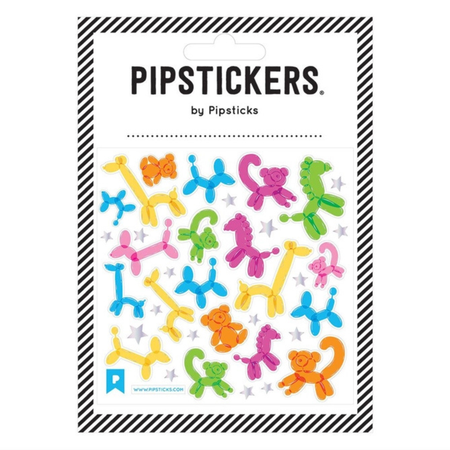 Colorful balloon animal stickers with silver glitter accents