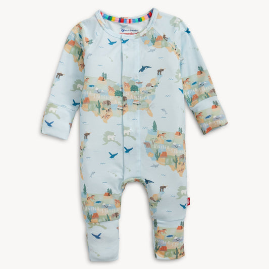Baby romper with colorful map of America artwork and animals