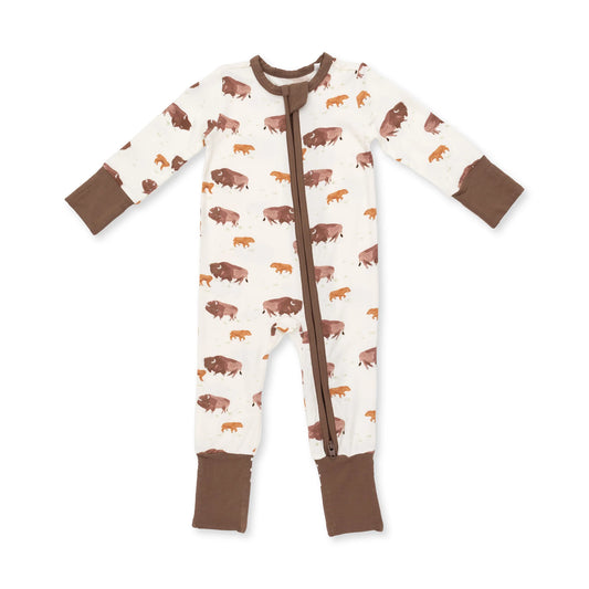 A baby long-sleeve footless one-piece sleeper with a brown buffalo print on an off-white background, featuring brown cuffs and a brown front zipper.