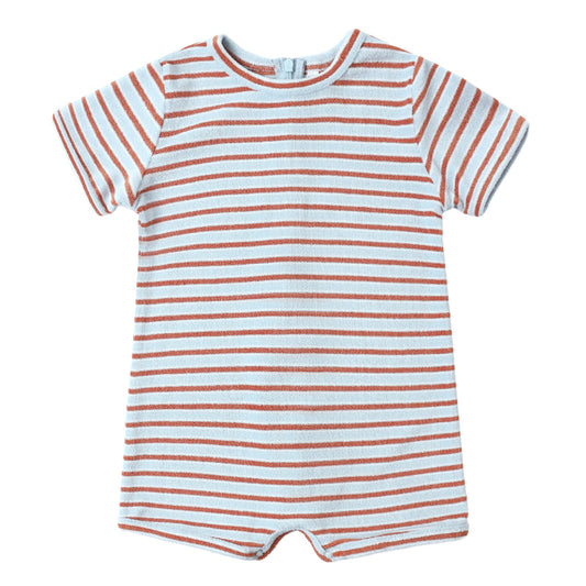 Striped red and blue baby romper with short sleeves