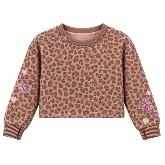 A cropped long-sleeve sweatshirt with a brown and beige leopard print pattern, ribbed crew neck, cuffs, and hem, featuring pink embroidered flowers and hearts on the sleeves, shown against a plain white background.
