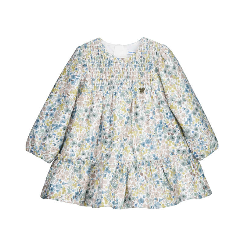 Aqua floral dress with smocking at the neckline and long sleeves