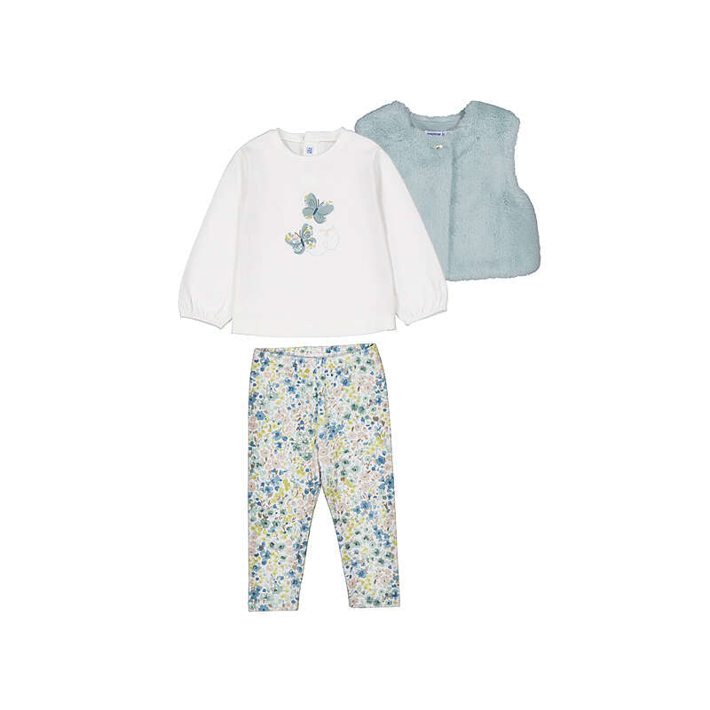 Baby girl's outfit set with white top, floral pants, and light blue furry vest on a white background