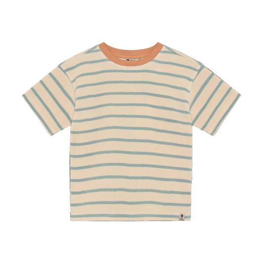 Beige and blue striped t-shirt with orange color trim around the neckline