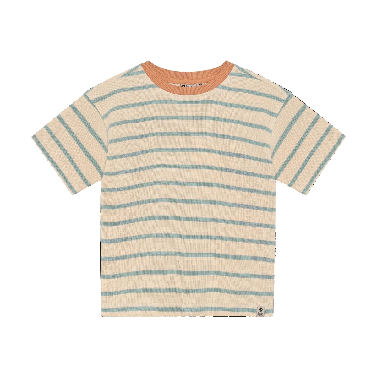Beige and blue striped t-shirt with orange color trim around the neckline
